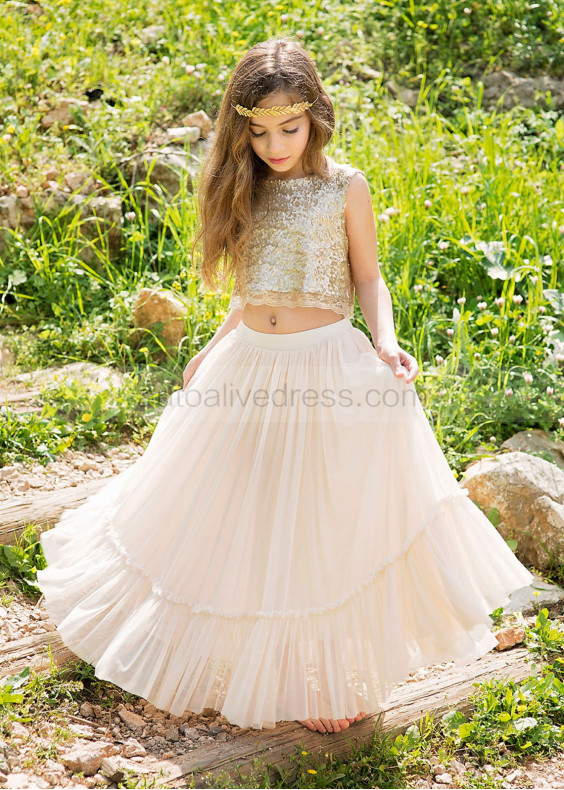 Two Piece Gold Sequin Champagne Tulle Boho Flower Girl Dress